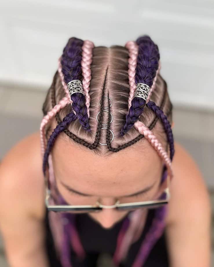 18. Incredibly elaborate triple cornrows with pink and purple