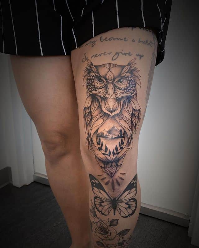 Owl leg tattoo for women