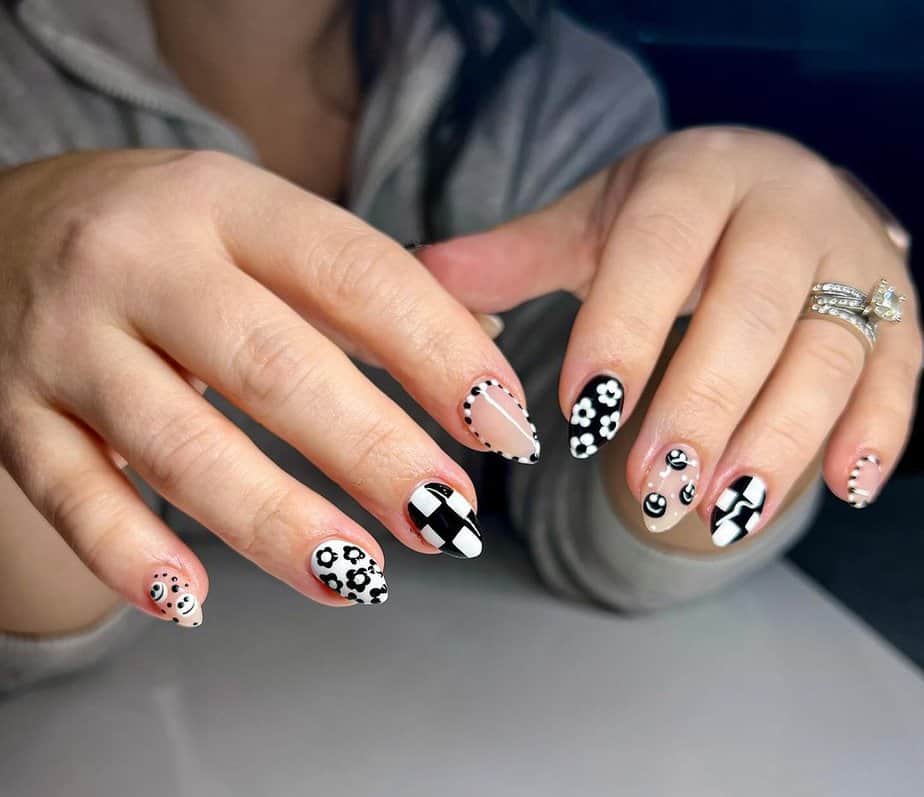 10. Black and white nail designs contrasted with pink