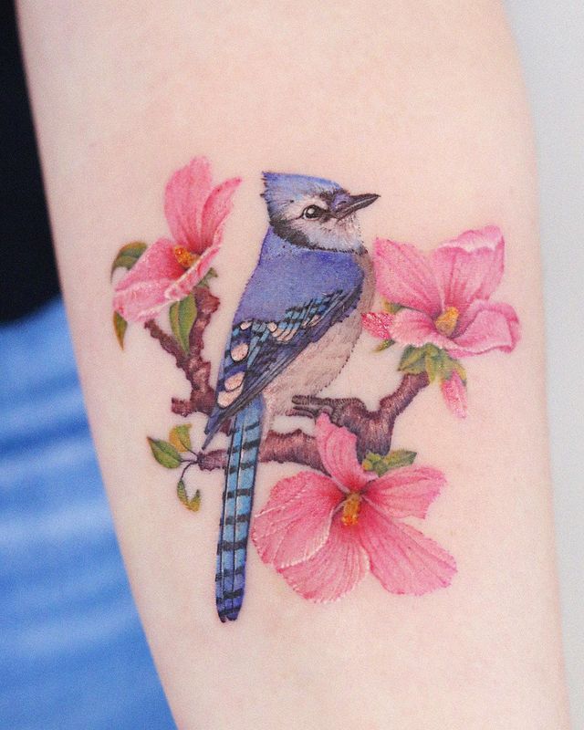 10. Blue jay and pink hibiscus