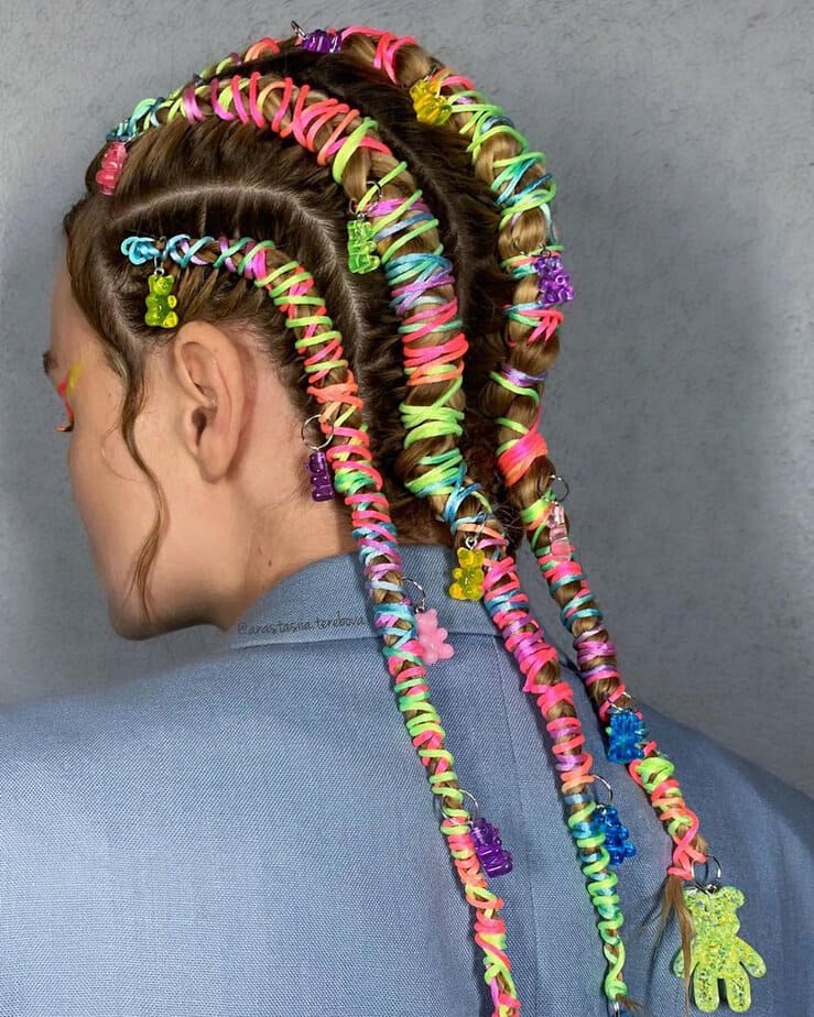 2. Colorful braided mohawk with gummy bear charms