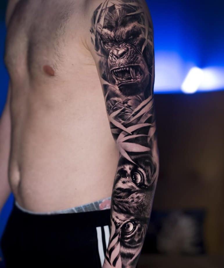 8. A full-sleeve gorilla tattoo 