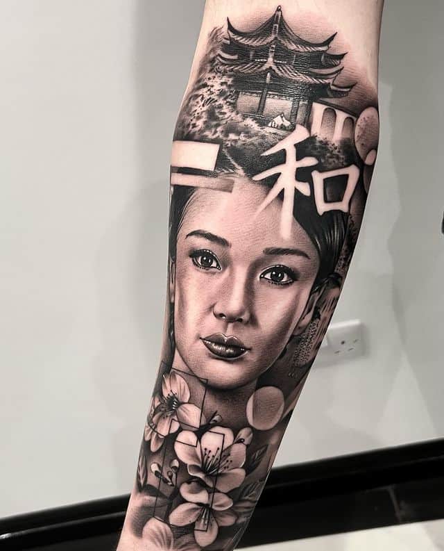 1. Black and gray geisha tattoo