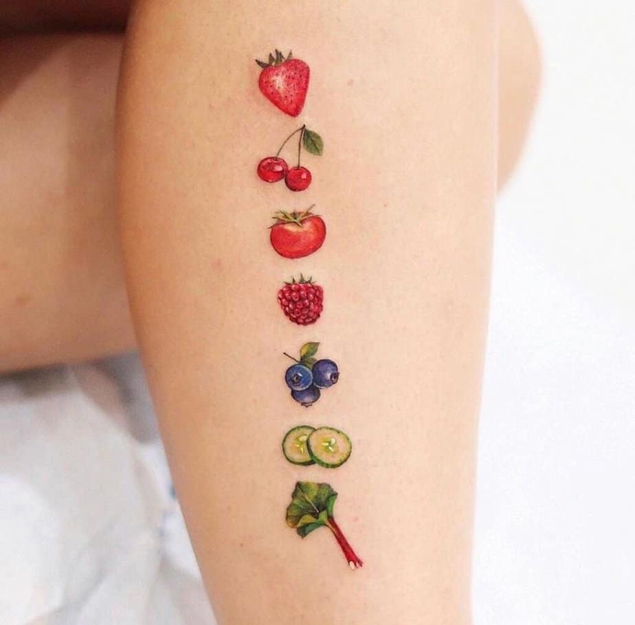 19. A fruit and veggie tattoo on the leg