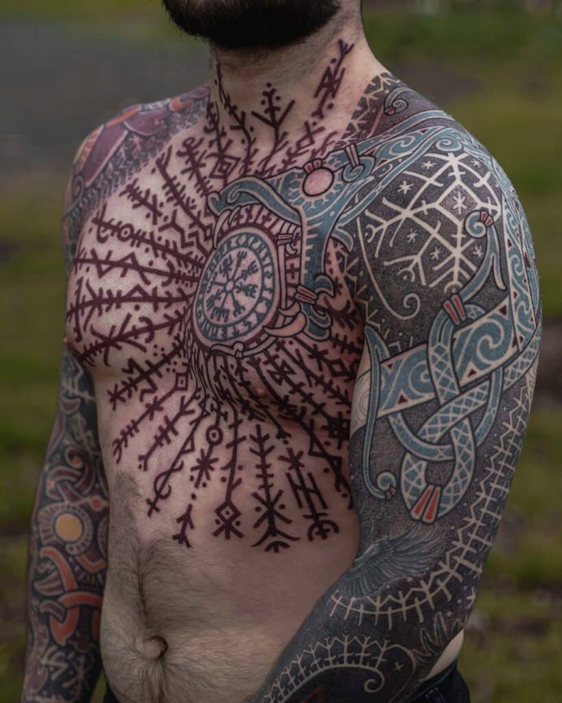 1. Epic Nordic tattoo design with two full sleeves & chest