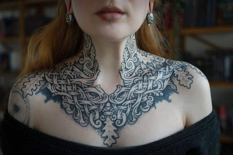 10. Jaw-dropping chest Nordic tattoo design with intricate detail