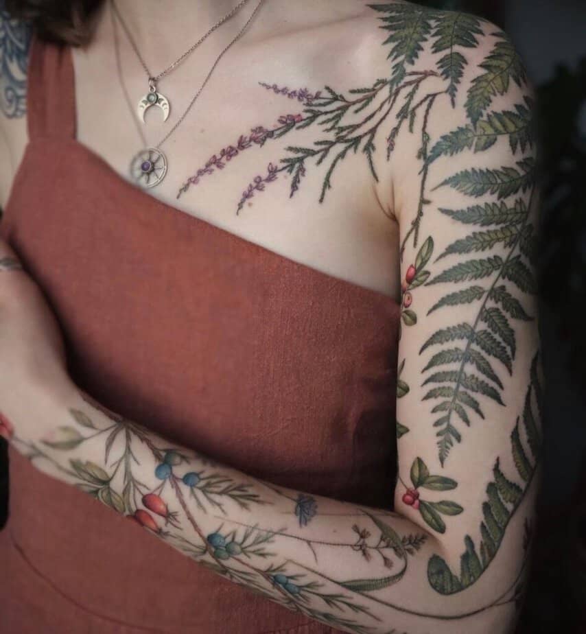 12. A full-sleeve fern tattoo 