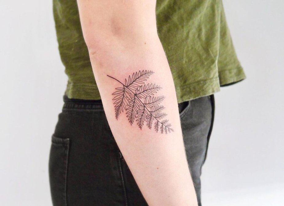 17. A linework fern tattoo on the forearm