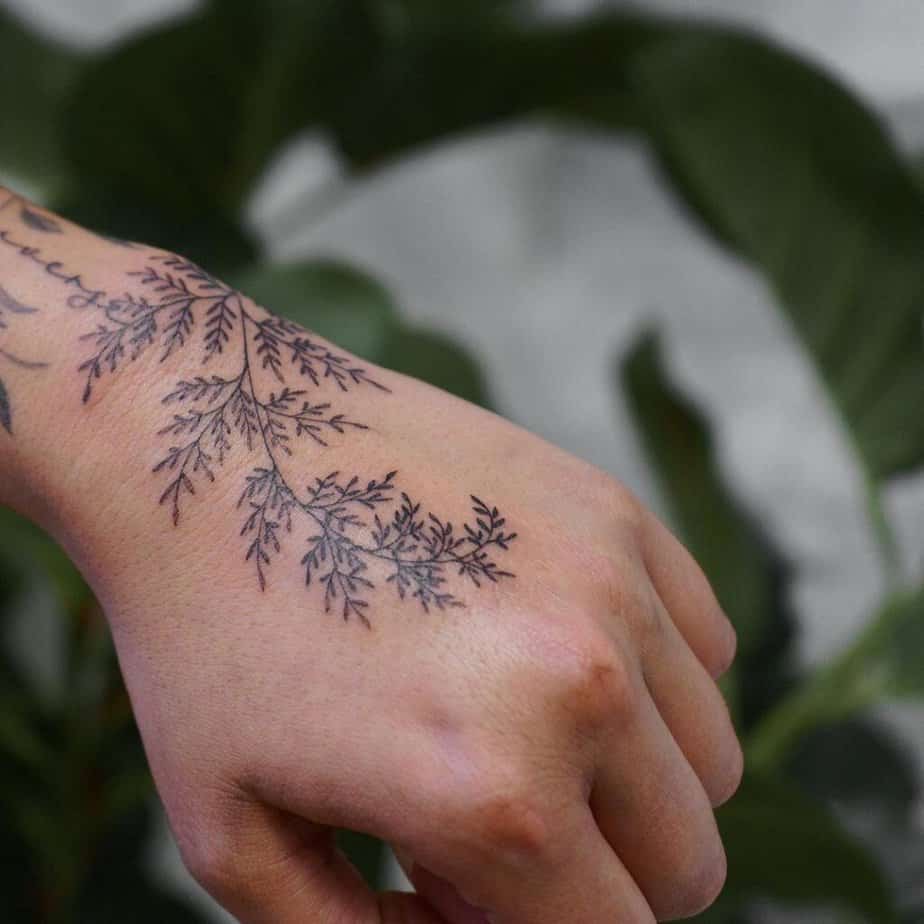 3. A delicate and dainty fern tattoo on the hand 
