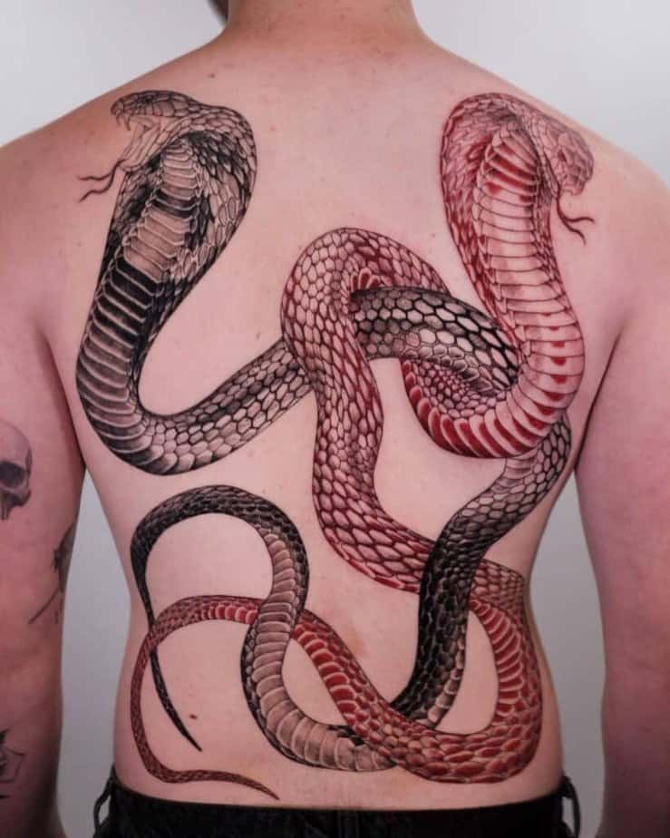 20. A black and red ink cobra tattoo on the back