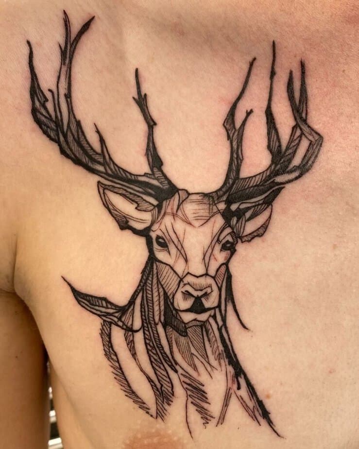 13. A sketch-style deer tattoo on the chest
