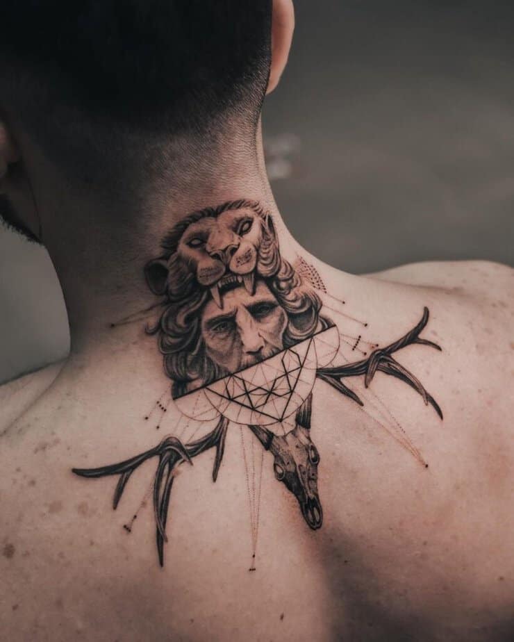 14. A geometric deer tattoo on the back