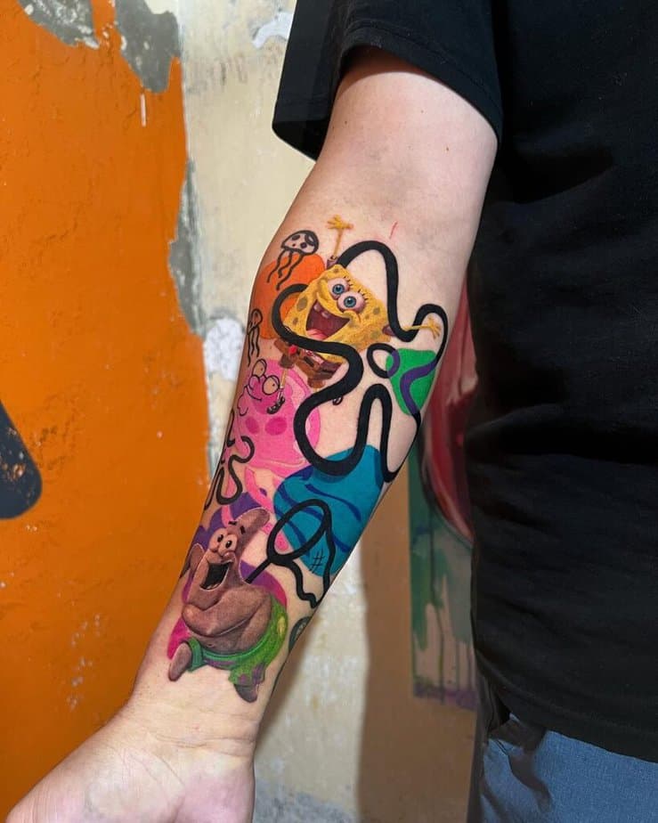 10. A half-sleeve SpongeBob tattoo