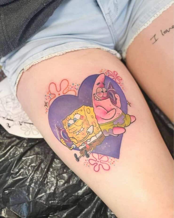 19. A tattoo of SpongeBob and Patrick on the thigh