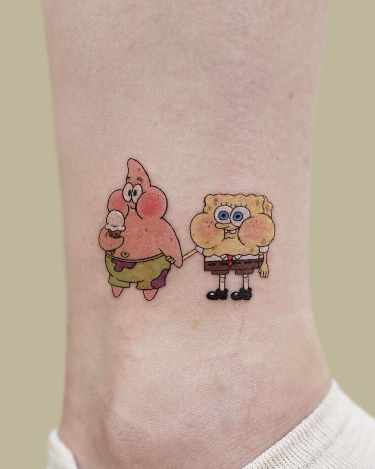 6. A tattoo of SpongeBob and Patrick on the ankle