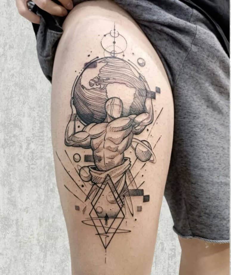 3. Un tatuaggio Atlas in stile schizzo sulla coscia