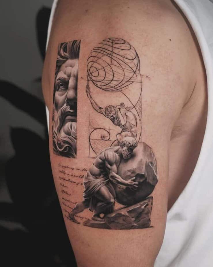 7. Un tatuaggio Atlante dettagliato sulla parte superiore del braccio