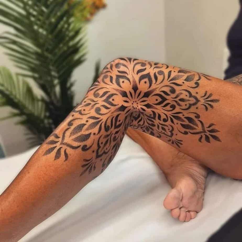 8. A dotwork tattoo on the leg 
