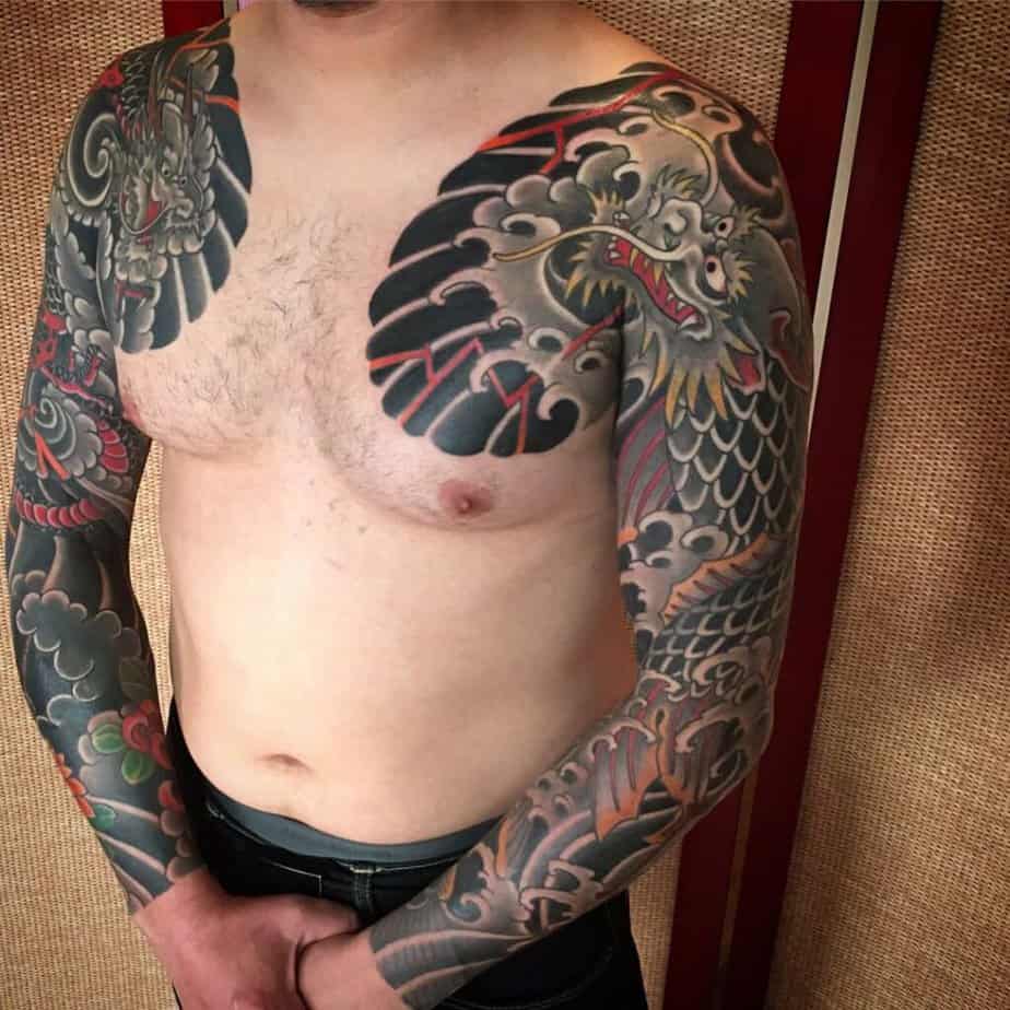 Black and gray dragon koi tattoo