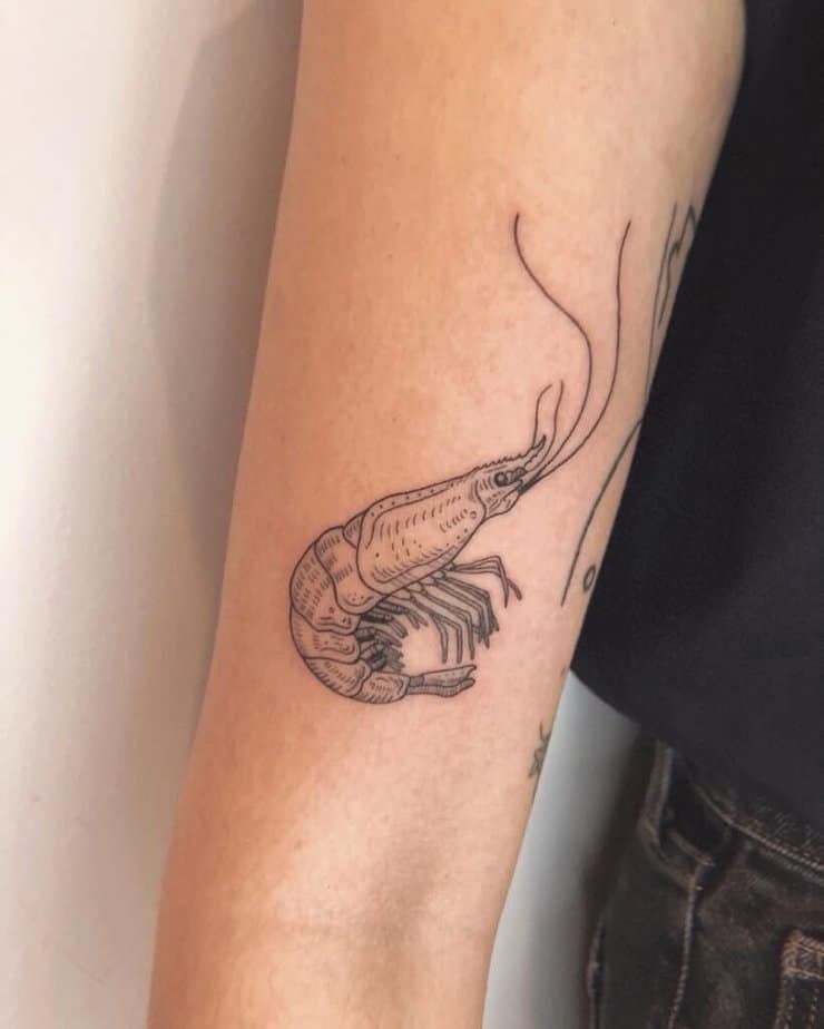 1. A fine-line shrimp tattoo on the arm