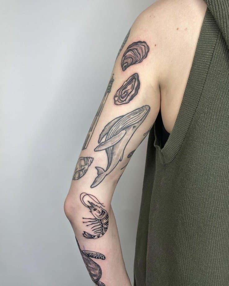 4. A sticker sleeve shrimp tattoo