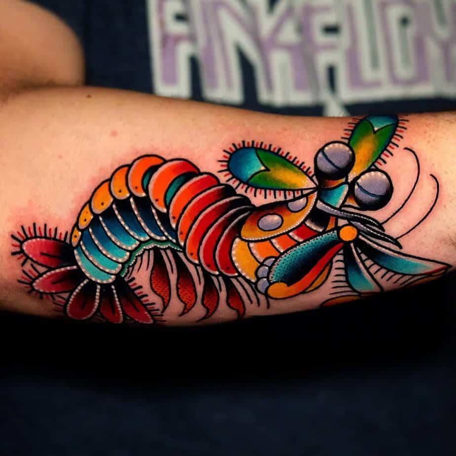 8. A traditional colorful tattoo of a mantis shrimp 