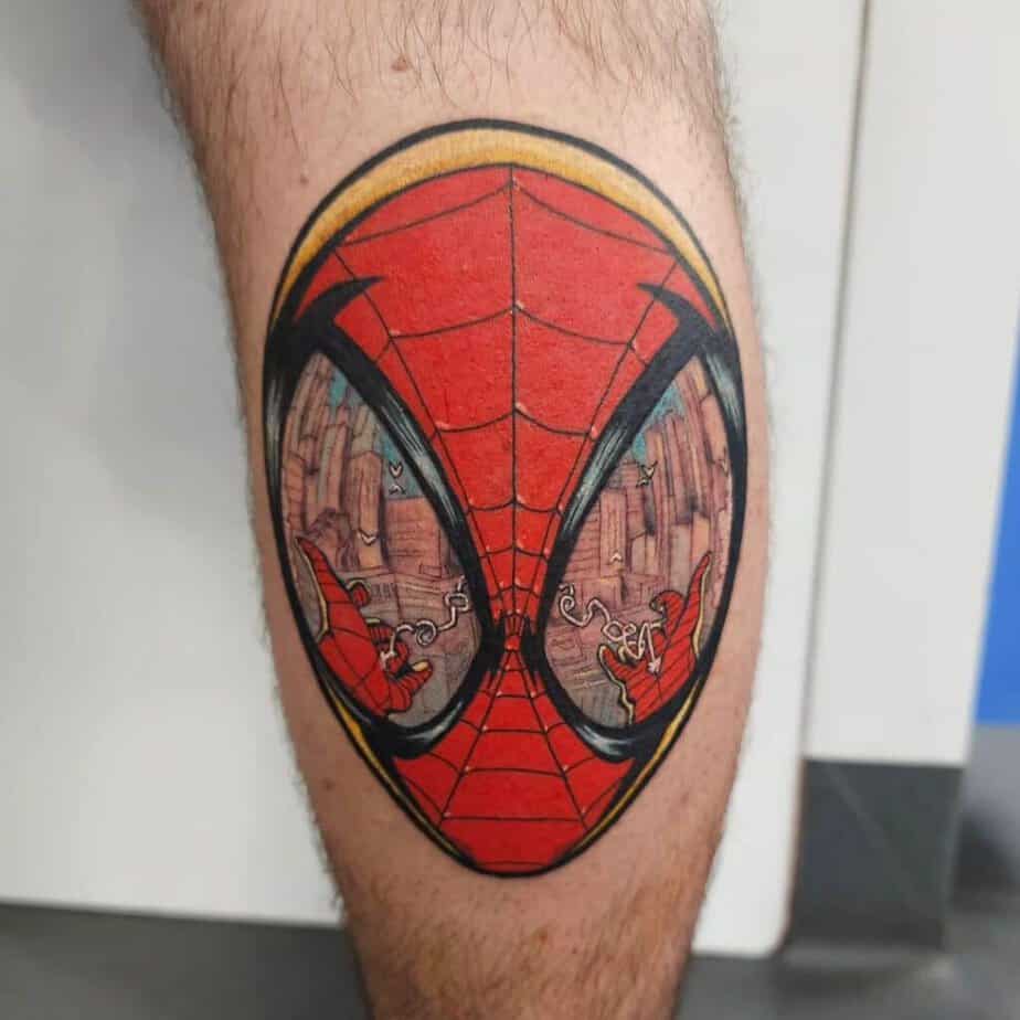Spiderman tattoo on the leg