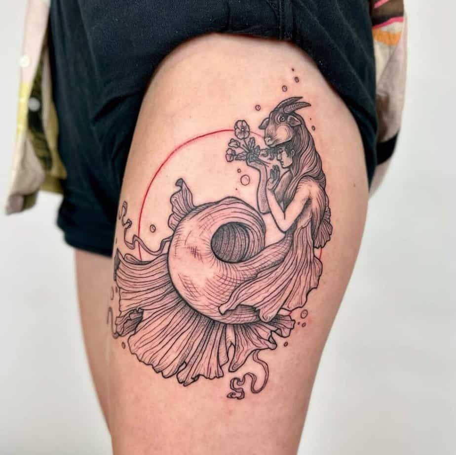 18. A Capricorn sea goat deity tattoo on the hip