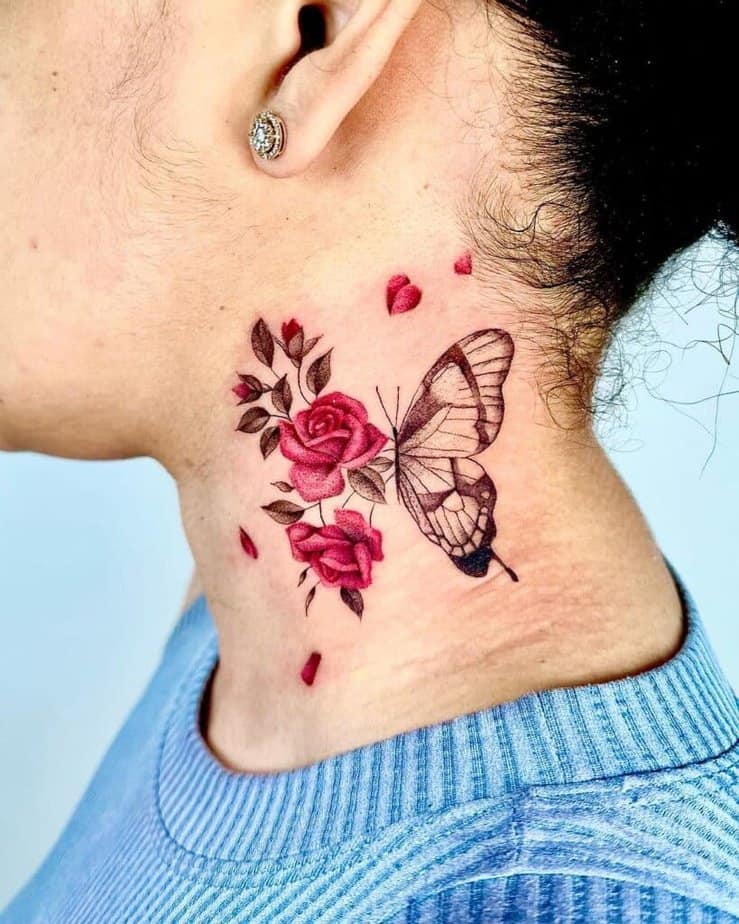 20. A colorful butterfly neck tattoo