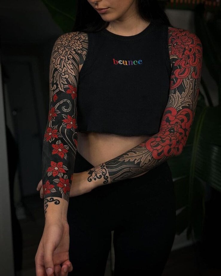 22. A black sleeve tattoo with red ink