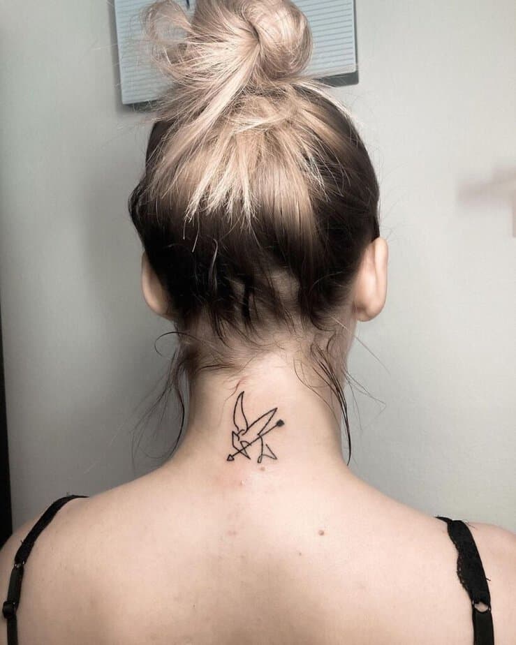 21. A line-art Mockingjay tattoo on the neck