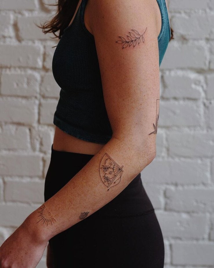 11. A fine-line patchwork tattoo sleeve 