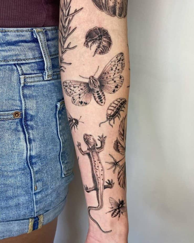 17. A nature-themed patchwork tattoo sleeve