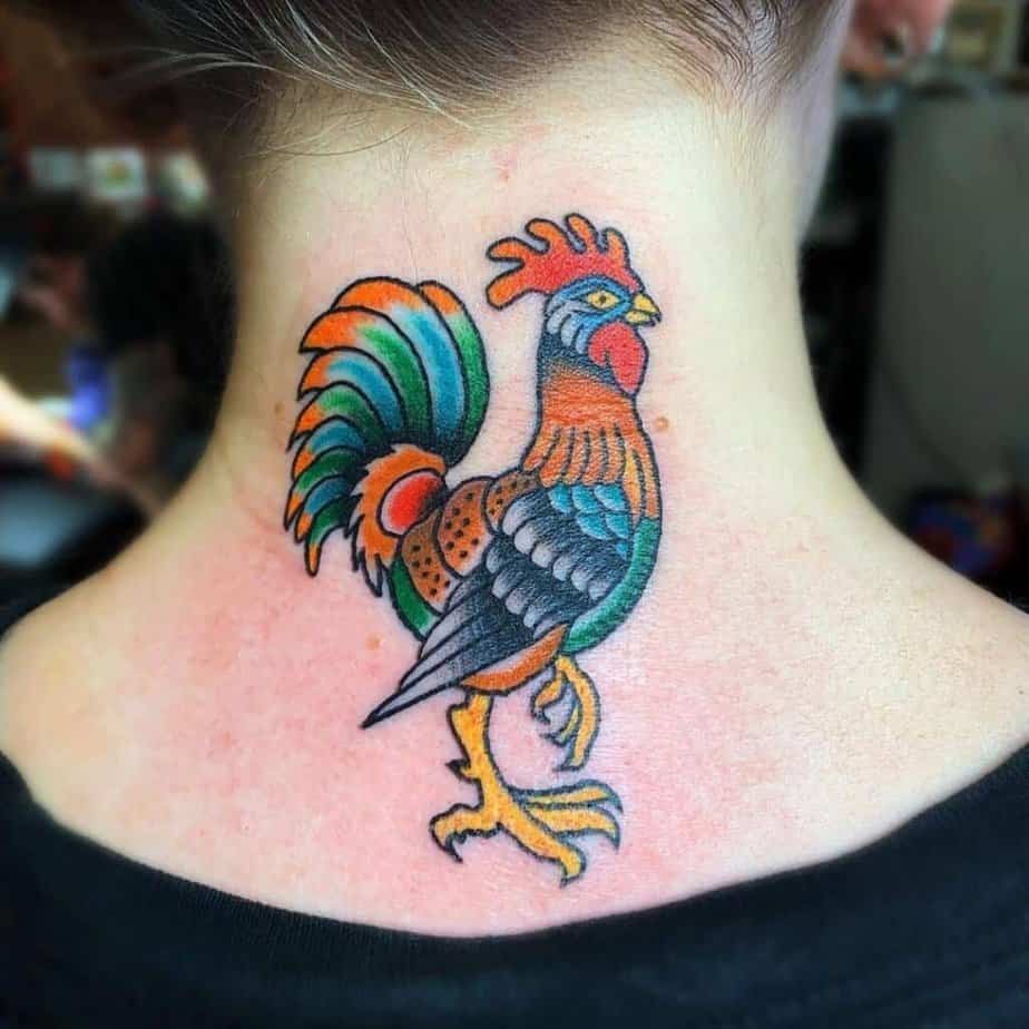 10. A rooster tattoo on the back of the neck 