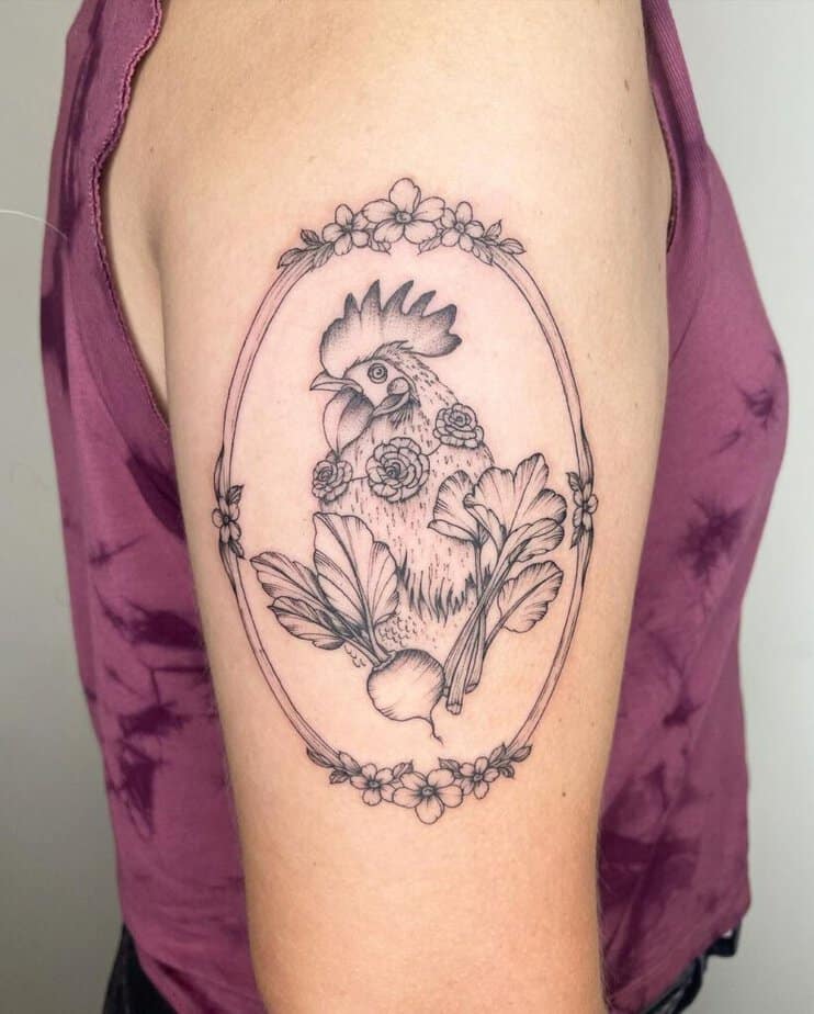 15. A tattoo of a framed rooster