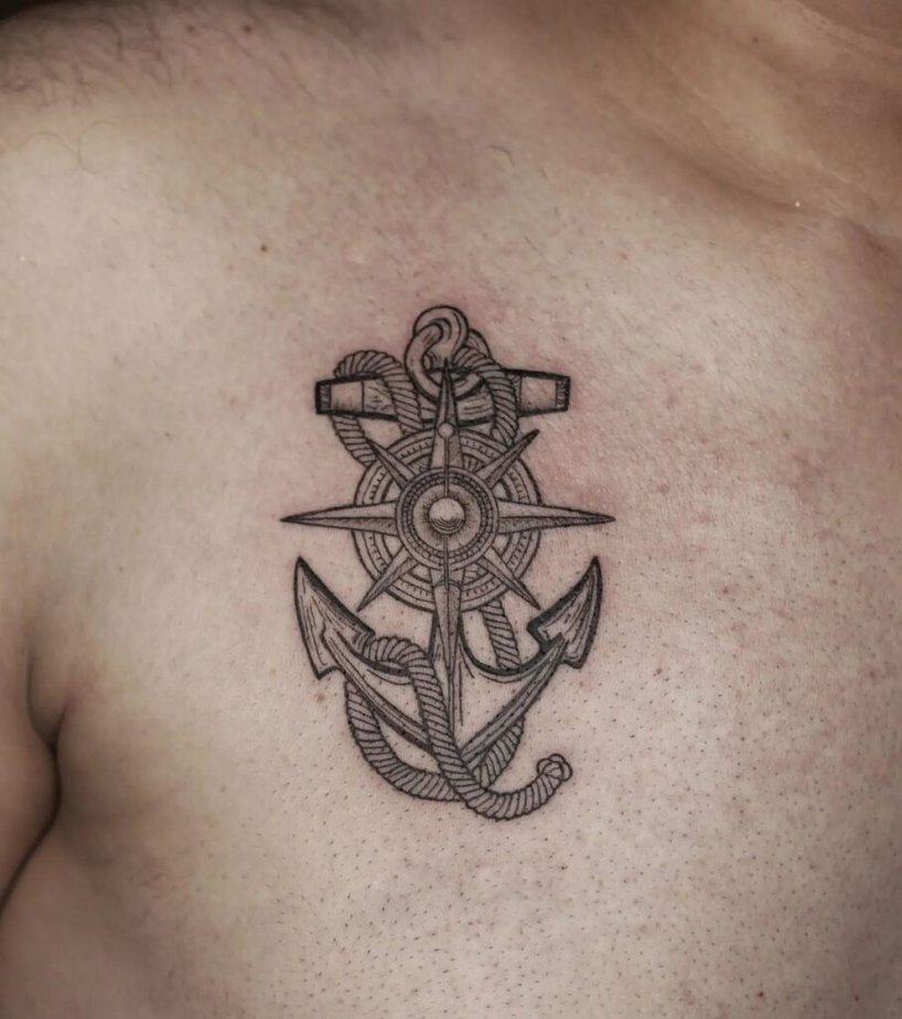 12. Stunning linework compass and anchor on the chest