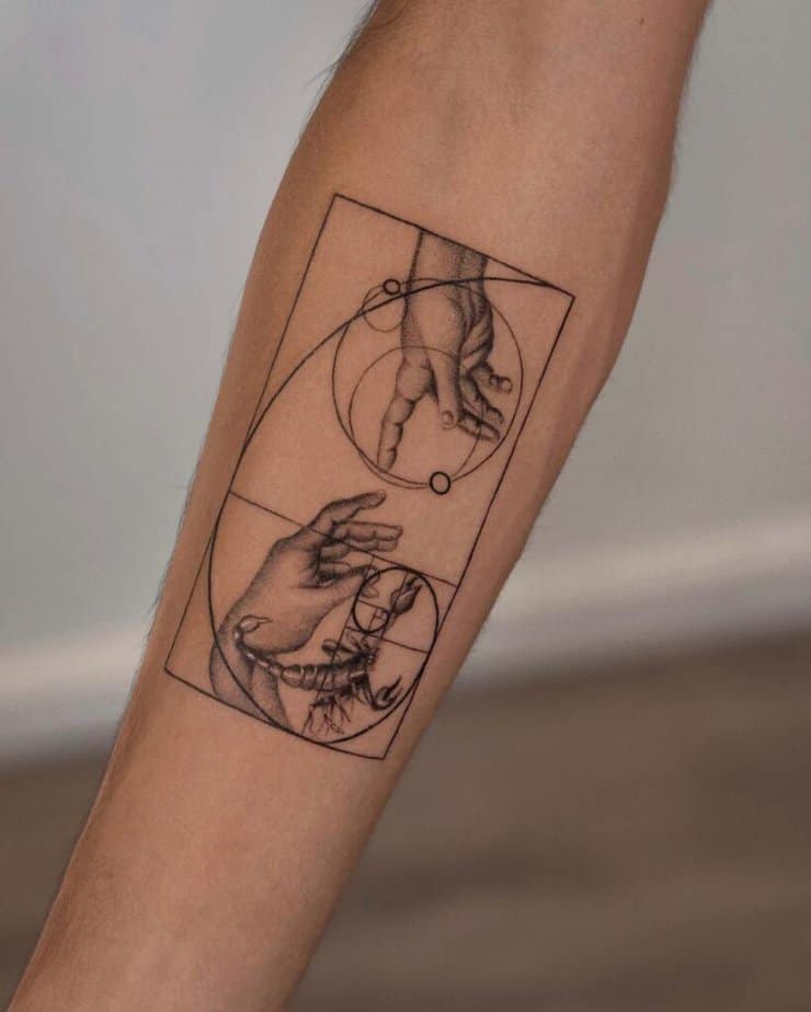 17. A Fibonacci tattoo with a scorpion and the Creation of Adam