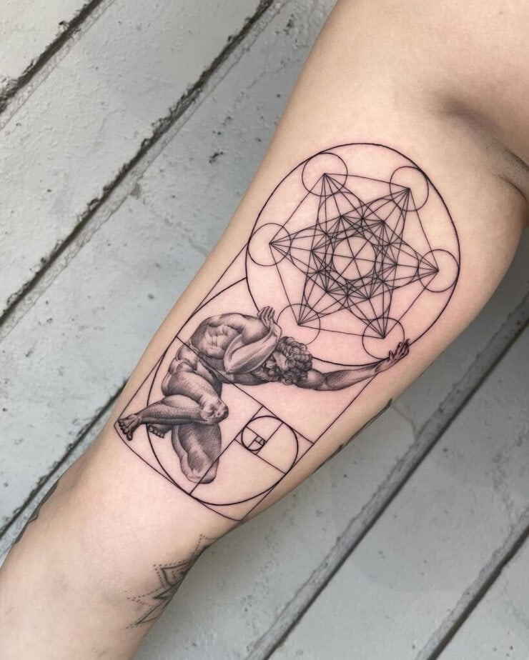 7. A tattoo of Atlas, the Fibonacci Sequence, and Metatron’s Cube