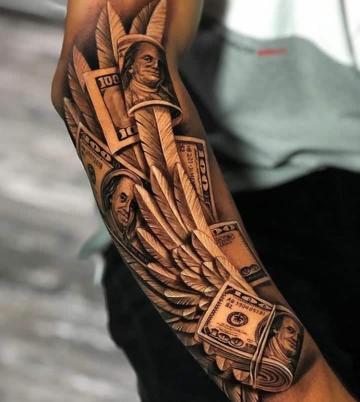 Half-sleeve money tattoo