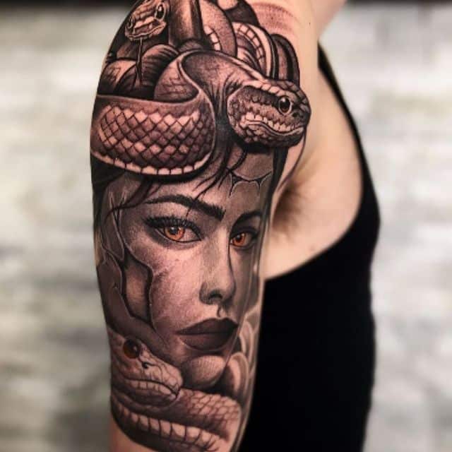 20. Epic Medusa half-sleeve tattoo