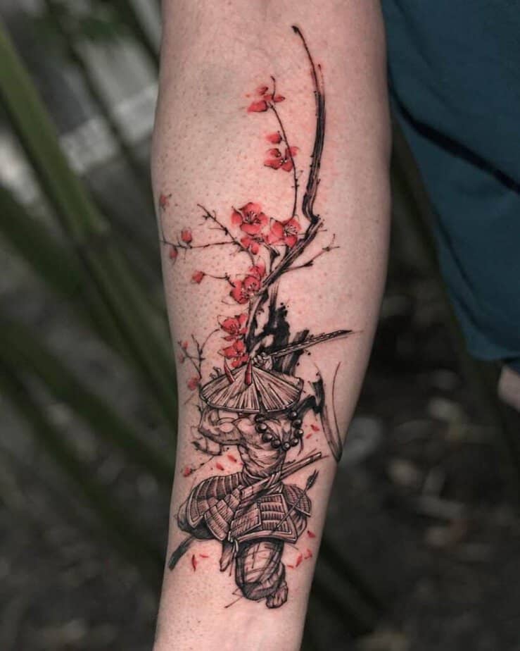 Samurai tattoo with red ink