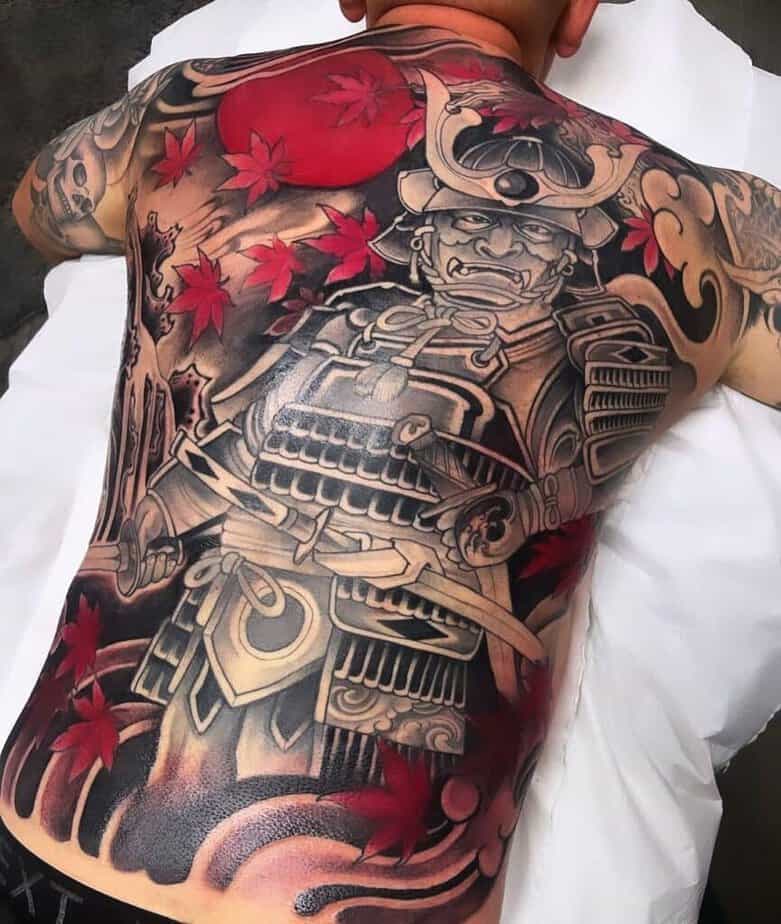 Samurai tattoo with red ink