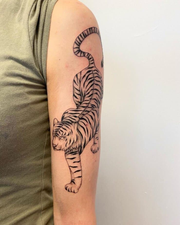 11. A linework tiger tattoo on the upper arm