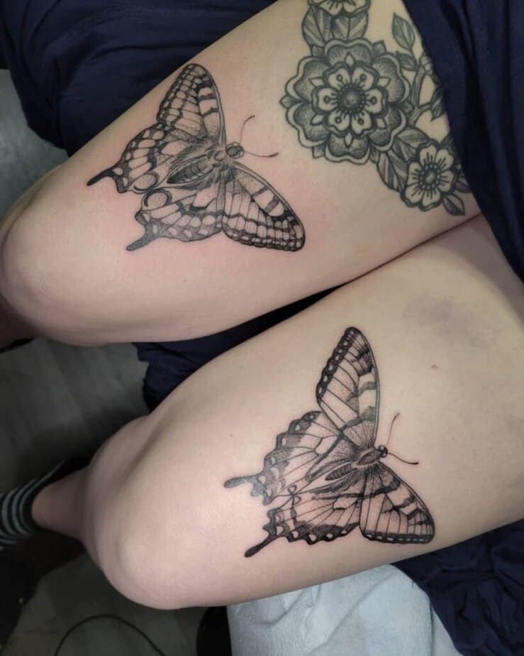 Moth and butterfly above knee tattoo