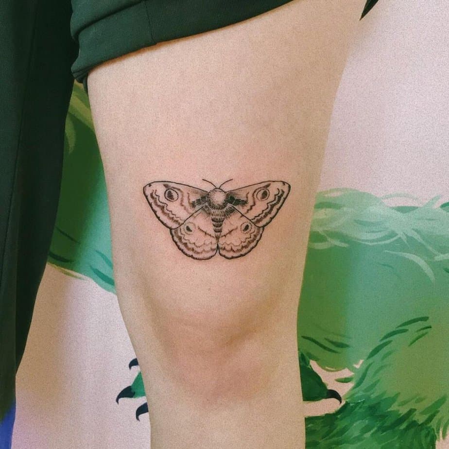 Tatuaggio con falena e farfalla sopra il ginocchio