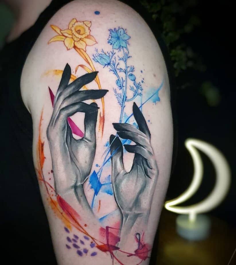 Colorful witch hands tattoo