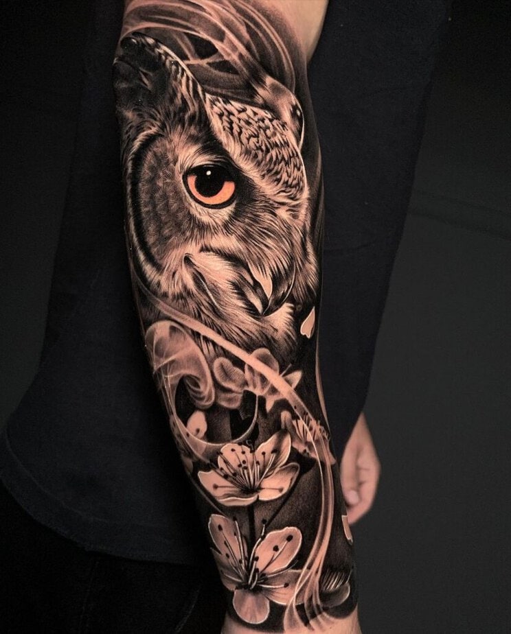 Black and gray owl tattoo