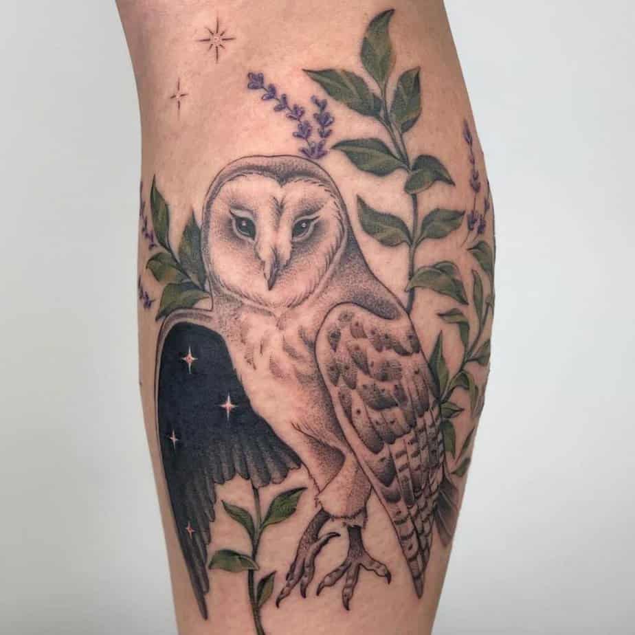 Black and gray owl tattoo