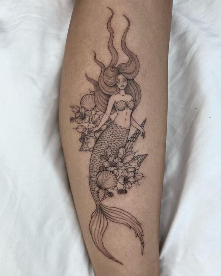 1. Tatuaggio di una sirena con fiori e conchiglie 