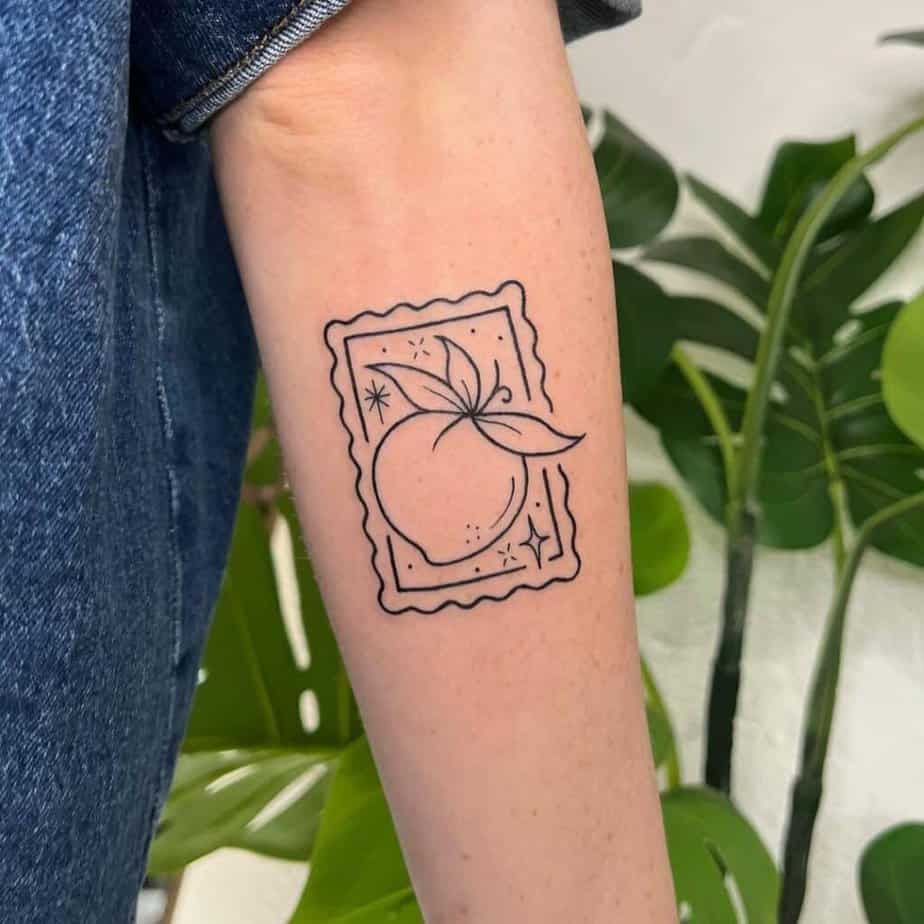 18. A peach sticker tattoo 